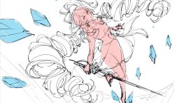  1girl ahoge animated animated_gif arch arms_at_sides bicorne black_boots black_gloves black_hat black_ribbon blue_bow blue_eyes boots bow castle chinese_commentary commentary_request crystal dress drill_hair elbow_gloves expressionless floating_clothes floating_gem frilled_dress frills full_body fur-trimmed_boots fur-trimmed_shirt fur_trim gloves hat hat_feather heterochromia higan:_eruthyll high_heel_boots high_heels holding holding_sword holding_weapon long_hair looking_up making-of neck_ribbon night outdoors pantyhose peter_pan_collar qi_du_tiantian_xiang_xingyun ribbon sheru_(higan:_eruthyll) shirt short_dress single_vambrace solo sparkle stairs standing standing_on_one_leg striped_ribbon swept_bangs sword three-quarter_sleeves twin_drills vambraces very_long_hair waist_bow watermark weapon weibo_watermark white_dress white_hair white_pantyhose yellow_eyes 