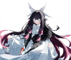  1girl absurdres black_hair bow bowtie cape closed_eyes coat columbina_(genshin_impact) dress eye_mask fatui_coat fur-trimmed_cape fur_trim genshin_impact hair_ornament head_wings highres long_hair mask nekofeiyuuuu open_mouth purple_hair solo upper_body white_bow white_bowtie white_coat white_dress white_wings wings x-shaped_eyewear x_hair_ornament 