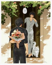  2boys ? barefoot black_hair black_shirt border bouquet brushing_teeth cat collared_shirt commentary dappled_sunlight doorway full_body highres holding holding_behind_back holding_bouquet kim_dokja kindlingsoul looking_at_another male_focus multiple_boys omniscient_reader's_viewpoint outdoors pajamas shirt short_hair spoken_question_mark standing striped_clothes striped_pajamas sunlight untranslatable_commentary white_border white_cat yoo_joonghyuk 