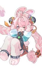  1girl absurdres animal_ears ankle_strap aqua_shirt arin_(1010_ssu) black_dress braid bright_pupils dress furry furry_female highres long_hair looking_at_viewer one_eye_closed open_mouth pink_fur pink_hair rabbit_ears rabbit_girl red_eyes shirt smile solo twin_braids very_long_hair white_pupils zenless_zone_zero zhao_(zenless_zone_zero) 