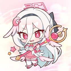  1girl bare_shoulders black_bow black_hairband blue_archive blush bow bow_legwear chibi chibi_only commentary cosplay crescent crescent_hair_ornament detached_collar detached_sleeves dot_nose dress frilled_dress frilled_thighhighs frills full_body hair_between_eyes hair_bow hair_ornament hairband halo highres holding holding_staff kei_(blue_archive) kei_(new_body)_(blue_archive) long_bangs long_hair long_hair_between_eyes looking_at_viewer magical_girl musical_note musical_note_background musical_staff open_mouth outline pink_background pink_bow pink_dress pink_shoes rectangular_halo red_eyes red_halo ringed_eyes shoes sidelocks solo sparkle_background staff star_(symbol) strapless strapless_dress sucong suzumi_(blue_archive) suzumi_(blue_archive)_(cosplay) suzumi_(magical)_(blue_archive) thigh-highs v-shaped_eyebrows very_long_hair white_hair white_outline white_thighhighs white_wrist_cuffs wing_hair_ornament wrist_cuffs yellow_background 