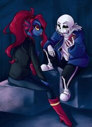  1boy 1girl 2016 2d alternate_costume anthro black_eyepatch black_jacket black_shorts blue_background blue_jacket blue_pants blue_skin boots bottle colored_sclera colored_skin colored_teeth commentary dark_background deggey deviantart_sample digital_media drawstring duo ear_fins elbow_rest english_commentary eyelashes eyepatch female fins fish fish_girl grey_hood head_fins high_heel_boots high_ponytail highres holding holding_bottle hollow_eyes hood hood_down hooded_jacket humanoid image_sample jacket ketchup_bottle long_hair long_sleeves looking_at_viewer male monster monster_boy monster_girl official_alternate_costume open_clothes open_jacket pants ponytail red_boots red_eyes red_hair sans_(undertale) scarf sharp_teeth shirt shorts signature simple_background single_vertical_stripe sitting skeleton slippers striped_shorts teeth undead undertale undyne utdr_(toby_fox) vertical-striped_clothes vertical-striped_shorts white_shirt white_slippers white_stripes yellow_sclera yellow_teeth 