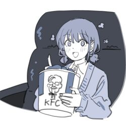  1girl :d bucket_of_chicken cardigan chicken_(food) colonel_sanders food fried_chicken girls_band_cry iseri_nina kfc low_twintails monochrome onsen_tamago_(hs_egg) shirt short_twintails sitting smile twintails white_background white_shirt 