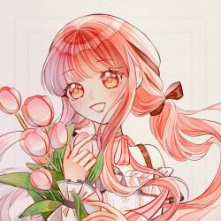  1girl bare_shoulders black_bow black_ribbon blunt_bangs bouquet bow bow_choker bowtie bra_strap bright_pupils brown_eyes brown_pupils buttons center_frills choker eyelashes floating_hair flower frilled_shirt frilled_sleeves frills hair_bow hair_ribbon happy highres holding holding_bouquet infinity_nikki long_hair long_sidelocks long_sleeves looking_to_the_side low_twintails nikki_(nikki) nikki_(series) off-shoulder_shirt off_shoulder perfect_start_(infinity_nikki) pink_bow pink_bowtie pink_choker pink_flower pink_hair puffy_long_sleeves puffy_sleeves ribbon shanfengzhu shirt sidelocks single_stripe snowflakes solo striped_bow striped_bowtie striped_choker striped_clothes tareme tress_ribbon tulip twintails upper_body very_long_hair wavy_hair white_background white_shirt 