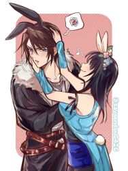  1boy 1girl animal_ear_headwear animal_ears annoyed arm_ribbon belt bike_shorts bike_shorts_under_skirt black_hair black_jacket black_pants black_ribbon black_shirt black_shorts blue_eyes blue_flower blue_skirt blush brown_belt chain chain_necklace closed_eyes commentary crossed_arms detached_sleeves ear_blush earrings easter final_fantasy final_fantasy_viii flower fur-trimmed_jacket fur_trim hair_flower hair_ornament height_difference hetero jacket jewelry long_hair multiple_belts musical_note necklace open_mouth pants pink_background pink_flower rabbit_ears rabbit_tail ribbon rinoa_heartilly sayaendou0426 scar scar_on_face shirt shorts skirt sleeveless_duster spoken_musical_note squall_leonhart stud_earrings tail twitter_username untranslatable_commentary upper_body white_shirt yellow_flower 