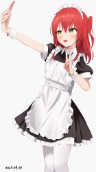  1girl :d absurdres apron black_dress blush bocchi_the_rock! cellphone commentary cowboy_shot dated dress eshima_4 frilled_apron frilled_dress frills hair_between_eyes highres holding holding_phone kita_ikuyo maid maid_apron maid_headdress medium_hair open_mouth phone puffy_short_sleeves puffy_sleeves red_hair selfie short_sleeves simple_background smartphone smile solo standing thigh-highs v white_apron white_background white_thighhighs yellow_eyes 