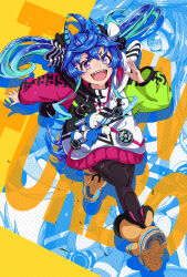  1girl :d @_@ ahoge animal_ears aqua_hair blue_eyes blue_hair boots bow brown_leggings clothes_writing commentary_request crossed_bangs drawstring drop_shadow floating_hair full_body hair_bow hand_up heterochromia highres hood hoodie horse_ears horse_girl horse_tail k3nt6 leggings long_hair long_sleeves multicolored_hair multicolored_hoodie open_mouth running sharp_teeth shoe_soles sidelocks smile solo striped_bow stuffed_animal stuffed_rabbit stuffed_toy sweat tail teeth twin_turbo_(blast_mode!_turbo_engine)_(umamusume) twin_turbo_(umamusume) twintails two-tone_hair umamusume upper_teeth_only v-shaped_eyebrows violet_eyes yellow_boots zoom_layer 