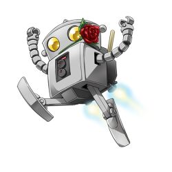  arms_up floating flower jam_band jetpack non-humanoid_robot official_art pincers red_flower red_rose robot robota rose second-party_source solo transparent_background umetani_atarou vernier_thrusters yellow_eyes 
