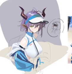  1girl 1other ambiguous_gender animal_ears arknights arm_strap bare_shoulders bikini blue_jacket blush breasts coat cow_ears cow_girl cow_horns doctor_(arknights) hair_between_eyes highres hood hood_up hooded_coat hooded_jacket horns jacket long_sleeves looking_at_viewer off_shoulder official_alternate_costume open_clothes open_jacket purple_hair short_hair sideroca_(arknights) sideroca_(light_breeze)_(arknights) simple_background smile swimsuit visor_cap white_bikini ydjc0604 yellow_eyes 