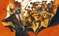  1girl 6+boys absurdres bandaid bandaid_on_face bandaid_on_nose baton_(weapon) black_hair black_jacket black_necktie black_pants black_shoes black_suit blue_shirt brown_hair chinese_commentary chrome_dokuro collared_shirt commentary_request dalmatian_print eyepatch fire gokudera_hayato grey_hair gun handgun heterochromia hibari_kyouya highres holding holding_baton_(weapon) holding_gun holding_sword holding_weapon horns jacket katekyo_hitman_reborn lambo multiple_boys necktie pants purple_hair reborn red_shirt rokudou_mukuro sasagawa_ryohei sawada_tsunayoshi shirt shoes suit suit_jacket sword weapon white_shirt yamamoto_takeshi yaoyaobae yellow_eyes yellow_shirt 