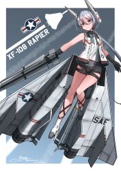 1girl absurdres aircraft airplane artist_name bare_legs bare_shoulders dated engine english_commentary fighter_jet floating gloves glowing_muzzle green_eyes highres instrument mecha_musume military military_vehicle original personification rapier short_hair sky sword teisei_misagi weapon white_hair xf-108 