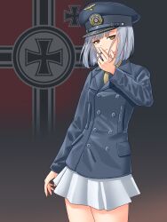  1girl absurdres blue_coat blue_hat buttons cigarette coat commentary commission cowboy_shot double-breasted english_commentary flag_background hat highres holding holding_cigarette kriegsmarine leochan1202 looking_at_viewer military_uniform naval_uniform nazi_war_ensign original peaked_cap reichsadler short_hair skirt solo white_hair white_skirt world_war_ii yellow_eyes 