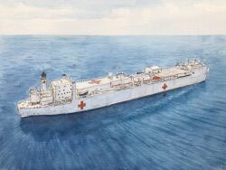  atelier_bono clouds cloudy_sky commentary_request cross highres hospital_ship no_humans ocean original painting_(medium) red_cross sailing ship sky traditional_media united_states_navy usns_mercy_(t-ah-19) vehicle_focus watercolor_(medium) watercraft 