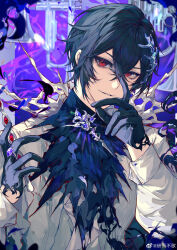  1boy absurdres ascot aura ayn_alwyn ayn_alwyn_(dreamland_wonder) black_ascot black_gloves black_hair black_shirt bone_hair_ornament brooch cape castle chinese_commentary conductor_baton crossed_bangs dark_aura euphonium fire fish_skeleton_hair_ornament glint gloves grey_cape hair_between_eyes hair_ornament hand_on_own_face highres holding holding_wand instrument jacket jewelry long_sleeves looking_at_viewer lovebrush_chronicles male_focus mystical_high_collar ornate_ring parted_lips purple_background purple_fire red_eyes ring shirt short_hair sideways_glance sleeve_cuffs solo soul_gem torn_ascot torn_clothes trumpet upper_body v-shaped_eyebrows wand watermark weibo_watermark white_jacket yan_ge 