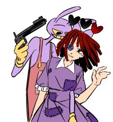  1boy 1girl animal_ears black_eyes blue_bow blue_dress blue_eyes bow button_eyes buttons collared_dress colored_sclera colored_teeth commentary dress english_commentary furry furry_male gloves gun hair_bow heart highres holding holding_gun holding_weapon jax_(the_amazing_digital_circus) jenyu16 overalls pink_overalls rabbit_boy rabbit_ears ragatha_(the_amazing_digital_circus) red_hair short_sleeves smile sweat the_amazing_digital_circus weapon yellow_gloves yellow_sclera yellow_teeth 