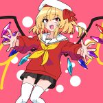  1girl absurdres alternate_costume black_skirt blonde_hair feet_out_of_frame flandre_scarlet highres long_sleeves looking_at_viewer miniskirt mondorium multicolored_wings neckerchief one_side_up open_mouth outstretched_arms pink_background pleated_skirt red_eyes red_shirt sailor_collar sailor_shirt shirt simple_background skirt solo thigh-highs touhou white_headwear white_sailor_collar white_thighhighs wings yellow_neckerchief 