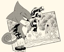  3boys animal_ears animal_nose ashofourtime charmy_bee closed_mouth dragon_ball dragon_ball_(classic) espio_the_chameleon forest full_body furry furry_male gloves greyscale highres male_focus monochrome multiple_boys nature parody shoes sonic_(series) sonic_the_hedgehog standing style_parody tail toriyama_akira_(style) white_gloves wings 
