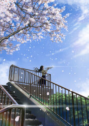  1girl black_hair black_sailor_collar black_skirt blue_sky cherry_blossoms clouds commentary_request daigo_fujiie day falling_petals floating_hair from_side full_body highres holding holding_instrument holding_trumpet instrument long_hair long_sleeves music neckerchief original outdoors petals playing_instrument railing red_neckerchief sailor_collar scenery school_uniform serafuku shirt signature skirt sky solo spring_(season) stairs standing tree trumpet white_shirt wind 