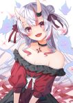  1girl bare_shoulders choker divergenceok double_bun dress fangs frilled_dress frills gradient_hair hair_bun hair_ribbon highres hololive horns multicolored_hair nakiri_ayame off-shoulder_dress off_shoulder oni_horns red_eyes redhead ribbon streaked_hair virtual_youtuber white_hair 