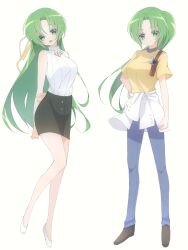  2girls arm_behind_back black_shoes black_skirt blue_pants breasts closed_mouth clothes_around_waist commentary_request decoco green_eyes green_hair hand_on_own_hip higurashi_no_naku_koro_ni large_breasts long_hair looking_at_viewer multiple_girls open_mouth pants parted_bangs ponytail shirt shoes short_sleeves siblings simple_background sisters skirt sleeveless sleeveless_sweater smile sonozaki_mion sonozaki_shion sweater twins white_background white_shoes white_sweater yellow_shirt 