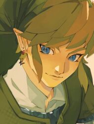  1boy armor blonde_hair blue_eyes chainmail closed_mouth collared_shirt commentary_request earrings green_hat green_tunic hat highres jewelry light_smile link male_focus phrygian_cap pisu_1107 pointy_ears shirt short_hair sidelocks signature solo the_legend_of_zelda the_legend_of_zelda:_skyward_sword tunic upper_body white_shirt 