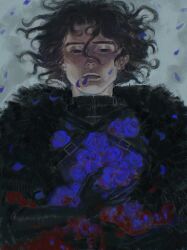  1boy a_song_of_ice_and_fire black_gloves black_hair blood blue_flower cape closed_mouth commentary english_commentary falling_petals flower fur_cape game_of_thrones gloves highres holding holding_flower hxjiim3 jon_snow looking_at_viewer male_focus petals solo upper_body wavy_hair 