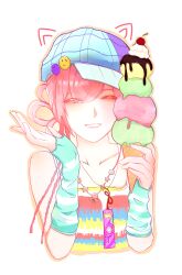  1girl ^_^ absurdres animal_ears aqua_arm_warmers arm_warmers bare_shoulders bead_necklace beads blue_hat cat_ears cherry chinese_commentary chocolate_syrup closed_eyes collarbone commentary_request cropped_torso drawn_ears eyes_visible_through_hair food fruit gehaha_(xinjinjumin780663190669) grin hair_rings hand_up happy hat hat_pin highres holding holding_food holding_ice_cream holding_ice_cream_cone ice_cream ice_cream_cone jewelry lipstick makeup multicolored_tank_top necklace newsboy_cap nikki_(nikki) nikki_(series) orange_outline outline pink_hair pink_lips plaid_hat shining_nikki short_hair simple_background smile solo star_(symbol) star_necklace striped_arm_warmers whipped_cream white_background 