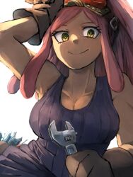  1girl boku_no_hero_academia breasts brown_gloves commentary crosshair_pupils gloves goggles goggles_on_head gogomaru0501 hatsume_mei highres holding holding_wrench large_breasts looking_at_viewer pink_hair ribbed_tank_top smile solo white_background wiping_forehead work_gloves wrench yellow_eyes 