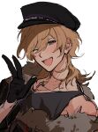  1boy absurdres black_gloves black_headwear black_tank_top blonde_hair blush brown_eyes ensemble_stars! fur-trimmed_jacket fur_trim gloves grey_jacket hakaze_kaoru hat highres jacket male_focus medium_hair one_eye_closed open_mouth peaked_cap poyapoya_c sketch smile solo tank_top wavy_hair white_background 