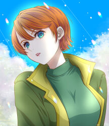  1girl aeug blue_eyes brown_hair clouds cloudy_sky coat commentary_request gundam highres ikebukuro_maria jacket looking_at_viewer military_jacket military_uniform reccoa_londe red_lips science_fiction sky sparkle_background turtleneck zeta_gundam 