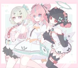  3girls absurdres angels_of_delusion aria_(zenless_zone_zero) arm_warmers bag bare_shoulders black_hair black_skirt blush bow colored_inner_hair commentary dress green_bow green_eyes green_hair hair_bow hair_ornament halo highres looking_at_viewer multicolored_hair multiple_girls nangong_yu necktie open_mouth pink_hair red_eyes red_necktie shirt simple_background skirt smile streaked_hair striped_arm_warmers sunna_(zenless_zone_zero) thigh-highs twintails white_background white_dress white_shirt white_wings wings zenless_zone_zero zzzii0 