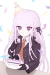  1girl birthday black_gloves black_jacket black_ribbon braid cake cake_slice collared_shirt confetti danganronpa:_trigger_happy_havoc danganronpa_(series) food fork gloves grey_hair hair_ribbon highres holding holding_fork holding_plate jacket kachusha_(katyuuuusha) katyusha_(deer_peter) kirigiri_kyoko long_hair necktie open_clothes open_jacket orange_necktie pink_hair plate ribbon shirt side_braid solo upper_body violet_eyes white_shirt 