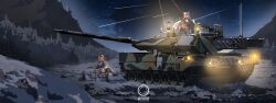  2girls animal_ears book cat_ears cat_girl cat_tail chair commentary_request fishing fishing_rod gun highres holding holding_fishing_rod lantern leopard_2 long_hair long_sleeves machine_gun military military_vehicle motor_vehicle multiple_girls original outdoors porcelainsphere scenery shoes sitting skirt snow star_(sky) starry_sky_background tail tank tank_gun thigh-highs thighs weapon 