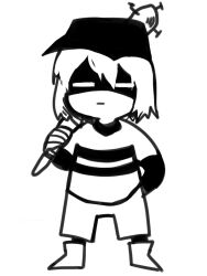  1other 2016 2d =_= ambiguous_gender arm_behind_back baseball_bat baseball_cap belt black_sleeves boots child closed_mouth commentary cosplay digital_media double_horizontal_stripe english_commentary expressionless frisk_(undertale) full_body hat highres holding holding_baseball_bat horizontal-striped_clothes human kophnar352_(discoice) long_sleeves monochrome nail_(hardware) off_(game) other_focus pantyhose pantyhose_under_shorts shaded_face shirt shoes short_hair short_sleeves shorts simple_background standing striped_clothes striped_shirt the_batter_(off) the_batter_(off)_(cosplay) two-tone_shirt undertale utdr_(toby_fox) white_background white_shirt white_shorts 