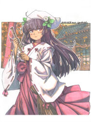  1girl architecture autumn_leaves blunt_bangs blunt_sidelocks blush booth_seating border broom commission dated east_asian_architecture flower hair_flower hair_ornament hakama hakama_skirt highres holding holding_broom japanese_clothes jitome kimono leaf light_particles long_hair long_sleeves looking_at_viewer making-of_available meiz miko original outline painting_(medium) red_eyes red_hakama red_lips ribbon-trimmed_sleeves ribbon_trim scenery shikishi shrine sidelocks signature skirt solo temple traditional_media watercolor_(medium) white_border white_kimono white_outline wide_sleeves 