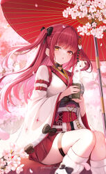  1girl absurdres black_bow bow breasts cherry_blossoms commentary_request cup falling_petals hair_bow hair_ornament hakama hakama_short_skirt hakama_skirt heterochromia highres holding holding_cup hololive houshou_marine japanese_clothes kanzashi kimono kneehighs knees_together_feet_apart large_breasts long_hair looking_at_viewer miyagi_ratona obi oil-paper_umbrella open_mouth outdoors petals red_eyes red_hakama sash sitting skirt socks solo thigh_strap two_side_up umbrella virtual_youtuber white_kimono white_socks wide_sleeves yellow_eyes 