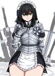  1girl apron armor armored_dress black_hair formicid gauntlets gloves green_hair hair_ribbon maid maid_apron maid_headdress medium_hair original ribbon shoulder_armor simple_background sitting smile solo sword thighs weapon white_background 