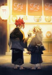  2boys absurdres barefoot black_sclera closed_mouth colored_sclera commentary_request daruma_doll egasumi food full_body gensyuuu highres horns ibaraki_douji_(onmyoji) lantern long_hair long_sleeves male_focus multiple_boys onigiri onmyoji paper_lantern red_hair red_horns sandals seigaiha short_hair shuten_douji_(onmyoji) white_hair 