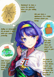  1girl ?_block absurdres alternate_language bag blue_hair bug cape chinese_commentary clenched_hand coin commentary crystal_earrings dress earrings english_text flying_sweatdrops gem green_background green_hat hairband hand_up hat highres imagining jewelry kappa long_sleeves looking_to_the_side meme multicolored_dress multicolored_hairband nine_years_in_a_coma_(meme) parted_lips partially_submerged patchwork_clothes purple_hair rainbow_gradient river shopping_bag short_hair silk simple_background sleepymoon smile solo speech_bubble spider spider_web sweat tenkyuu_chimata thought_bubble touhou upper_body variant_set violet_eyes white_cape 