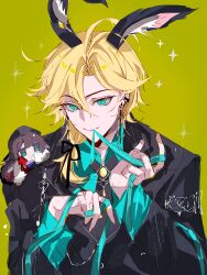  11211t 1boy 1girl absurdres animal_ears antenna_hair aqua_eyes aqua_ribbon aqua_shirt black_jacket black_necktie black_ribbon blonde_hair brooch chibi_on_shoulder chinese_commentary closed_mouth collared_shirt curtained_hair ear_chain ear_piercing earrings extra_ears gem green_background hair_between_eyes hair_ribbon heroine_(lovebrush_chronicles) highres holding holding_ribbon jacket jewelry kemonomimi_mode lars_rorschach lars_rorschach_(bejeweled_heart) linked_piercing long_sleeves looking_at_viewer lovebrush_chronicles low_ponytail male_focus medium_hair mini_person minigirl mismatched_earrings mouth_hold necktie piercing ponytail rabbit_boy rabbit_ears ribbon ribbon_in_mouth shirt simple_background smile solo_focus suit_jacket upper_body yellow_gem 