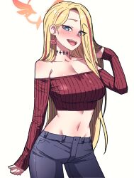  1girl absurdres anygatsby bare_shoulders belly blonde_hair blue_archive blue_eyes blush denim ear_ornament halo hand_in_own_hair highres jeans looking_at_viewer open_mouth pants pina_(blue_archive) red_hair red_halo red_sweater solo solo_focus sweater white_background 