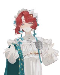  1girl absurdres blue_eyes blue_shawl closed_mouth dress hat highres looking_at_viewer marsha_(reverse:1999) mole mole_under_eye official_alternate_costume open_hands outstretched_arms red_hair reverse:1999 shawl short_hair smile solo upper_body white_background white_dress white_hat xy_mt2528 