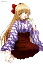  1girl :d absurdres anifar_inc. anime_coloring artist_name barefoot blonde_hair blunt_bangs copyright_name copyright_notice dango food full_body hakama hakama_skirt half_updo hand_up highres holding holding_food japanese_clothes kimono light_blush long_hair long_sidelocks long_skirt looking_at_viewer magazine_scan megami_magazine official_art open_mouth otonari_no_tenshi-sama_ni_itsu_no_mani_ka_dame_ningen_ni_sarete_ita_ken pleated_skirt purple_kimono red_hakama sanshoku_dango scan shiina_mahiru_(otonari_no_tenshi-sama) sidelocks simple_background sitting skirt smile solo straight_hair third-party_source very_long_hair wagashi white_background wide_sleeves yellow_eyes yokozuwari 