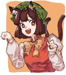 1girl animal_ear_fluff animal_ear_piercing animal_ears aojirozame1228 border bow bowtie brown_hair cat_ears cat_tail chen commentary_request cropped_torso double-parted_bangs earrings fang gold_trim green_headwear hands_up hat jewelry long_sleeves looking_at_viewer lowres mob_cap multiple_tails nail_polish nekomata orange_background paw_pose puffy_long_sleeves puffy_sleeves red_eyes red_nails red_vest short_hair simple_background single_earring solo tail teeth touhou two_tails upper_body upper_teeth_only vest white_border yellow_bow yellow_bowtie 