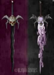  3d absurdres commentary energy english_commentary glowing glowing_sword glowing_weapon grey_background highres infernauta legacy_of_kain long_sword magic no_humans object_focus purple_background runes skull soul_reaver_(sword) sword weapon web_address 