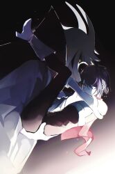  1boy 1other absurdres alternate_form animal_ears armor asriel_dreemurr asriel_dreemurr_(god_of_hyperdeath) black_bodysuit black_sclera blue_hair blue_skin bodysuit boots cape carrying carrying_person choir_outfit_(utdr) colored_sclera colored_skin deltarune furry furry_male gloves goat_boy goat_ears goat_horns highres hikokisleep247 horns kris_(dark_world)_(deltarune) kris_(deltarune) looking_at_viewer red_cape red_eyes short_hair spread_legs tall_male undertale utdr_(toby_fox) white_boots yellow_eyes 