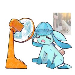  artist_name closed_eyes commentary dot_nose electric_fan english_commentary exhausted full_body glaceon highres hot meme no_humans open_mouth parody pokemon pokemon_(creature) pokemon_focus reference_inset simple_background sitting solo sunsnak_sn sweat tagme twitter_username watermark white_background 