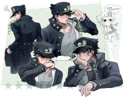  ... 1boy adjusting_clothes adjusting_headwear anger_vein belt black_coat black_hair black_hat blue_eyes blush chibi chibi_inset coat collar_chain_(jewelry) earrings english_text flonflonflon grey_shirt hand_in_pocket hat hat_over_one_eye head_on_hand highres jewelry jojo_no_kimyou_na_bouken kujo_jotaro long_coat male_focus multiple_belts multiple_views print_belt shaded_face shirt solo sparkle spoken_ellipsis squiggle stud_earrings sweatdrop triangle_print twitter_username 