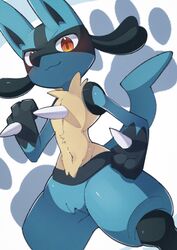  body_fur furry highres legs_apart looking_at_viewer lucario nata_de_coco_(pankptomato) navel orange_eyes paw_print paw_print_background pokemon pokemon_(creature) smile solo standing tail 