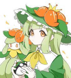  1girl ayaka_488 commentary_request dress flower green_dress green_hair green_hat hat holding holding_poke_ball humanization lilligant looking_at_viewer monster_girl orange_eyes orange_flower plant_girl poke_ball pokemon pokemon_(creature) pokemon_black_and_white white_background 
